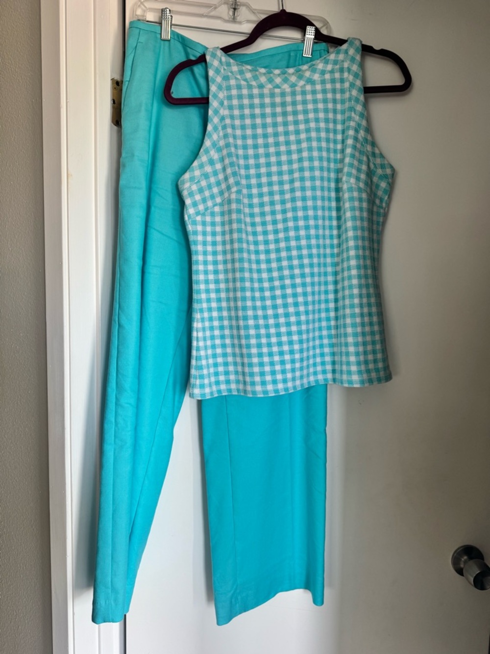 Ann Taylor Aqua Gingham Tank & Matching Aqua Trousers